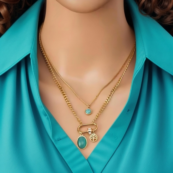 🆕️18K Gold Plated Layered Necklace | Turquoise Crystal & Tree of Life Pendant ✨ - Picture 4 of 11